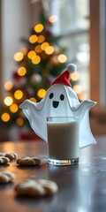 Festive ghost enjoying milk and cookies by the Christmas tree creating a playful holiday scene