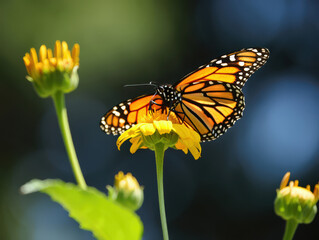 Fototapeta premium Monarch Butterfly Sipping Nectar from a Yellow Flower in a Sunny Garden A Close Up View of a Beautiful Insect Pollinating a Blossom with a Blurred Green Background
