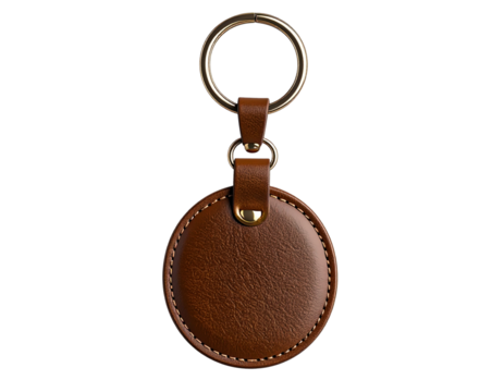  Mockup chaveiro de couro marrom pendurado em gancho com anel dourado, composição minimalista, fundo transparente – AI gerado