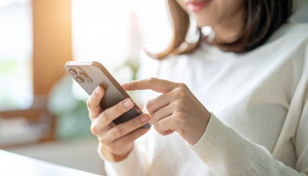 A woman's hand operating a smartphone in a bright, sunny room - Powered by Adobe