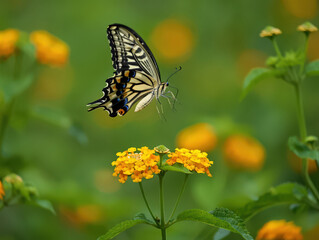 Obraz premium Swallowtail Butterfly Hovering Near Yellow Lantana Flowers in a Lush Garden A Captivating Image of a Delicate Insect About to Land on a Cluster of Blooming Plants