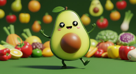 Obraz premium Happy Cartoon Avocado with Fruit Background