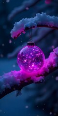 Magical purple Christmas ornament glows on snow covered branch adding festive winter wonderland charm