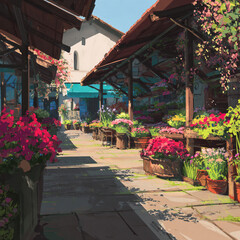 A digital painting of a cozy village market with flowers