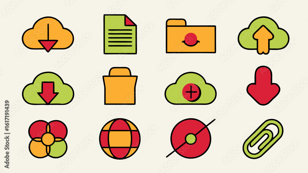 Poster comprehensive collection of graphic symbols featuring upload and download document arrows ideal for 