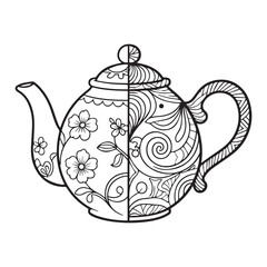  A black and white line art illustration of a half-drawn teapot on the left side of the page, rendered in an elegant, classical style with delicate floral motifs and abstract swirling patterns.