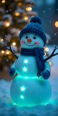 Cheerful glowing snowman figure radiating holiday spirit against bokeh lights background