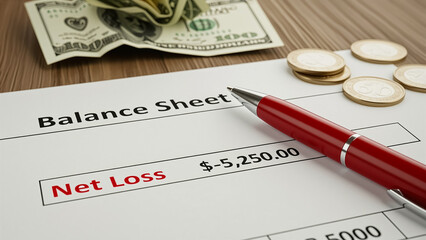 Analyze financial statement showing net loss with cash and coins nearby