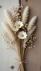 Botanical arrangement featuring delicate brown plants, natural light, serene composition, and artistic home interior style