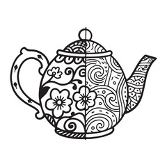  A black and white line art illustration of a half-drawn teapot on the left side of the page, rendered in an elegant, classical style with delicate floral motifs and abstract swirling patterns.