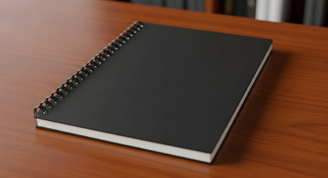 Black spiral notebook mockup on wooden desk surface