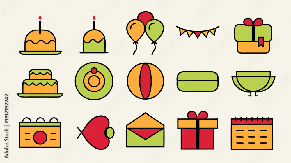 Poster collection of simplified line graphics representing various aspects of party planning and celebratio