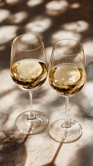 Two elegant glasses of white wine radiating warmth and sophistication.