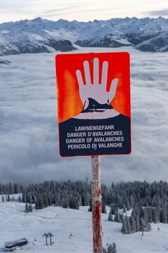 Avalanche danger sign in a skiing area, Brixen im Thale, Tyrol, Austria