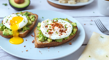 Avocado Toast with Poached Egg and Chili Flakes on White Plate