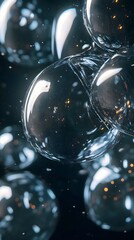 Close-up of shimmering soap bubbles with a dark background and soft reflections.