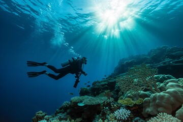 Obraz premium Scuba Diver Silhouetted Against Bright Ocean Sunburst