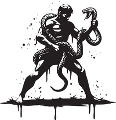 Stylized monochrome depiction of a man in struggle with a serpen
