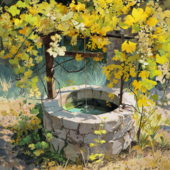A digital painting of a cozy countryside well with vines
