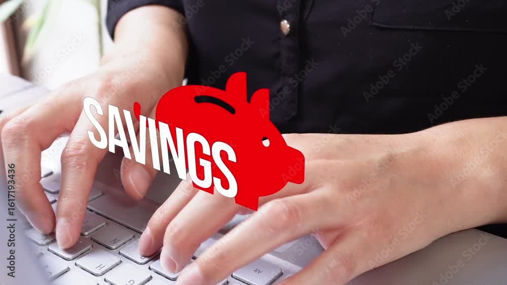 Poster close-up of a businessman working on his computer with an animated red piggy bank and the word 