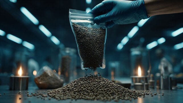 Pouring Coffee Beans in Laboratory Research Facility Food Photography Industrial Environment Close-Up View - Powered by Adobe