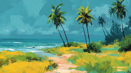 A digital painting of a serene beach with palm trees