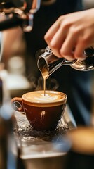Barista pouring latte art into a steaming brown cup of coffee.