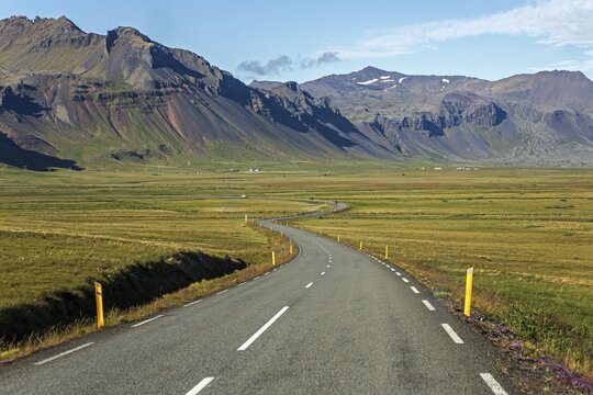 Road 54 meanders through landscape volcanic mountains, peninsula Sn&aelig;fellsnes, Snaefellsnes, West Iceland, Iceland