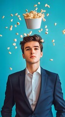 Young man in suit with popcorn flying around against a blue background.