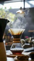 Brewing coffee with aromatic steam rising in a cozy cafe environment.