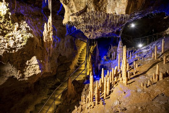 Stalagmites and stalactites in a cave, Devil's Cave Pottenstein, Franconian Switzerland, Franconia, Bavaria, Germany