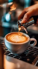 Close-up of a hand pouring latte art into a white coffee cup.
