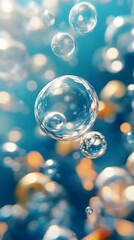 Translucent bubbles floating against a blurred blue background.
