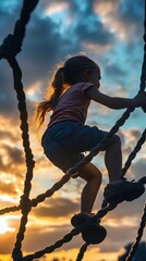 A girl climbing a rope structure against a stunning sunset.