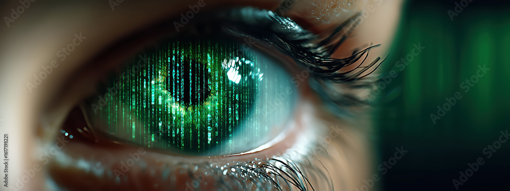 Poster close-up of an eye with green digital code reflections representing technology and data in a futuris