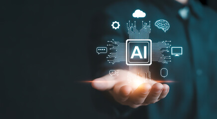 Hand holding glowing A I chip with digital icons and circuits artificial intelligence technology