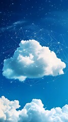 Digital cloud concept against a bright blue sky with scattered stars.