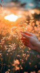 A delicate hand reaching for wildflowers at sunset, capturing nature's beauty.