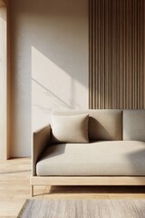 Elegant Interior Space Featuring Textured Sofa, Cozy Armchair, And Artistic Rug Creating Inviting Atmosphere