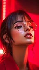 Portrait of a confident Asian woman with glasses and bold makeup against a vibrant red background.