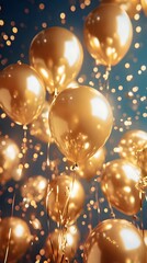 Shimmering gold balloons floating elegantly against a sparkling backdrop.