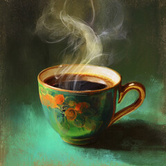 A digital painting of a vibrant coffee cup with steam