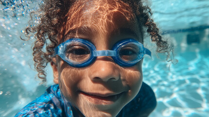 Fototapeta premium Happy Child Swimming Underwater, Light Reflections Dancing on Face, Wearing Goggles