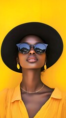Elegant Black woman in stylish sunglasses and hat against a vibrant yellow background.