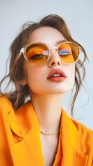 Young woman with wavy hair wearing orange sunglasses and a matching blazer.