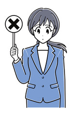 バツの札を持つスーツのOLさん（上半身・シンプル）