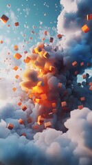 Dynamic explosion of colorful cubes amidst vibrant clouds.