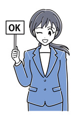 OKの札を持つスーツのOLさん（上半身・シンプル）