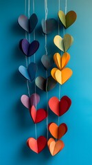 Colorful paper hearts in gradient hanging against a blue wall, creating a vibrant display.
