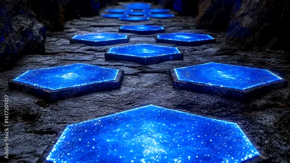 Wall mural futuristic path: glowing hexagonal tiles in a dark environment background
